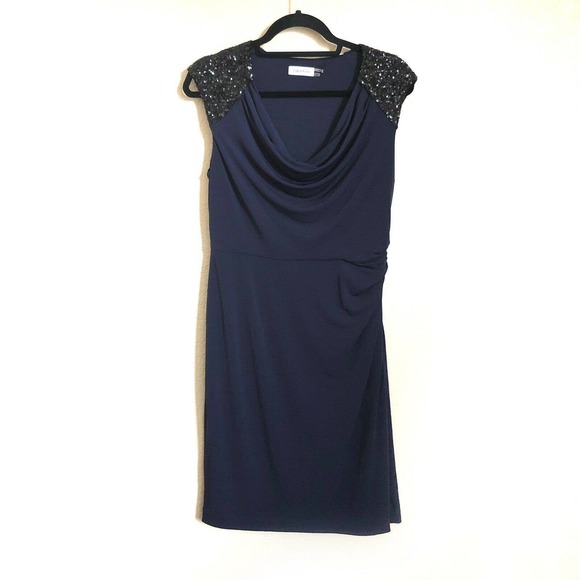 Calvin Klein Dresses & Skirts - Calvin Klein Sequined Shoulders Cowl Neck Sheath Dress Navy Blue Black Sz 10